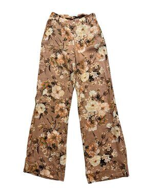 Mango Linen Floral Pants Size 2 Brown Wide Leg High Rise Boho